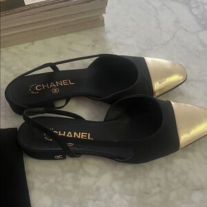 CHANEL Black and Gold Slingback Flats